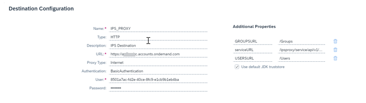 Enter the Properties listed in the table below for the destination